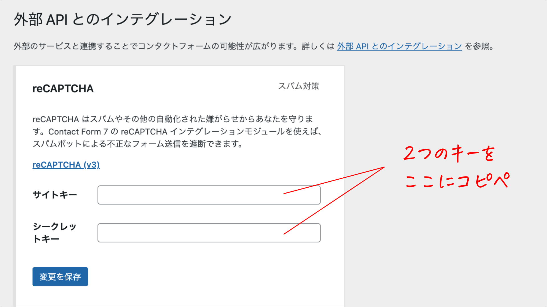 Contact Form 7にサイトキーとシークレットキーを貼り付ける設定画面
